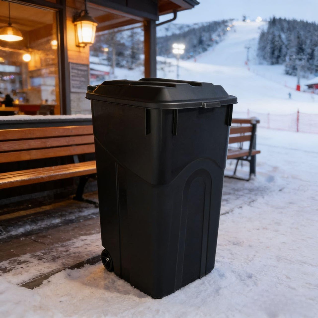 45 Gallon Black Wheeled Garbage Can with Attached Lid O127940