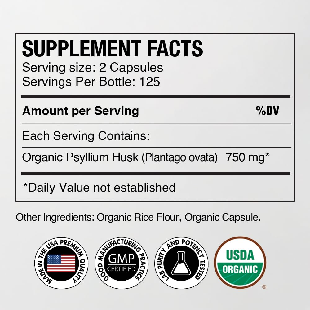 Organic Psyllium Husk Capsules 750 mg Fiber Supplement 250 Capsules Pack of 2 Q12855