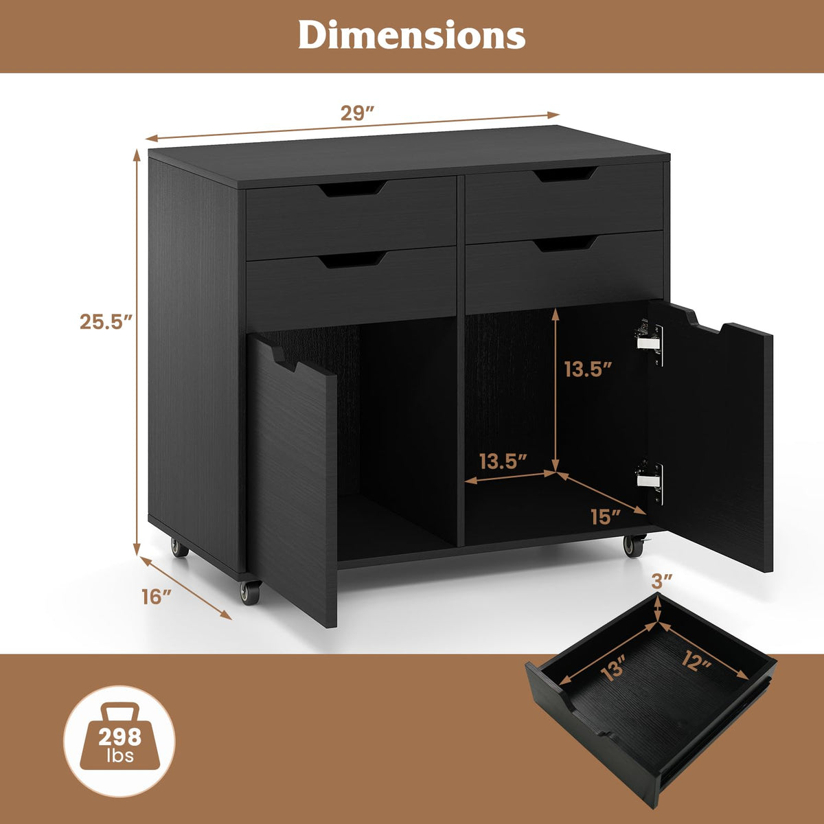 Black 4-Drawer Rolling File Cabinet V150