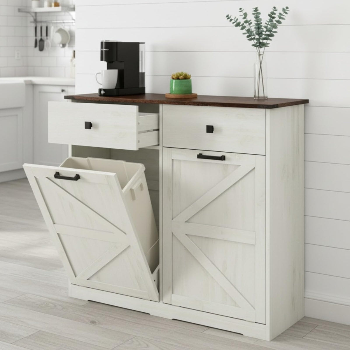 20 Gallon Double Tilt-Out Trash Can Cabinet White S167695