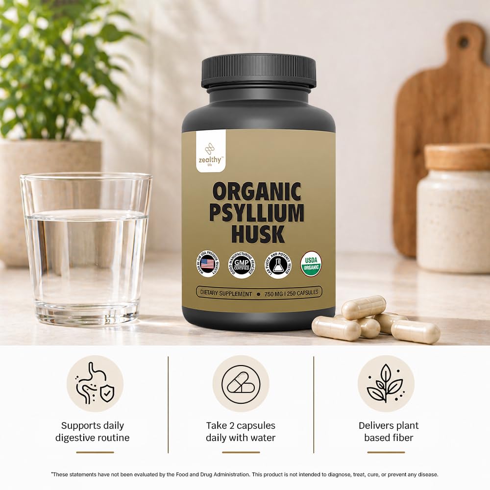 Organic Psyllium Husk Capsules 750 mg Fiber Supplement 250 Capsules Pack of 2 Q12855