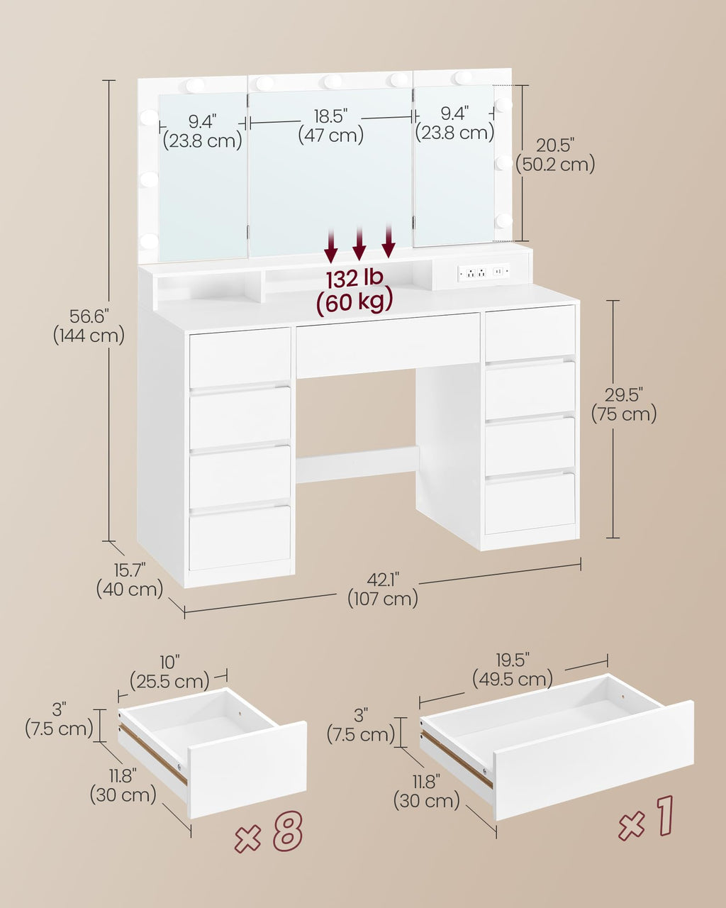 Vanity Desk with LED Lights and Tri-Fold Mirror, 9 Drawers F23590