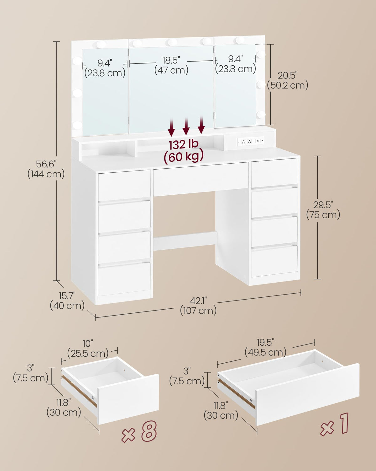 Vanity Desk with LED Lights and Tri-Fold Mirror, 9 Drawers F23590