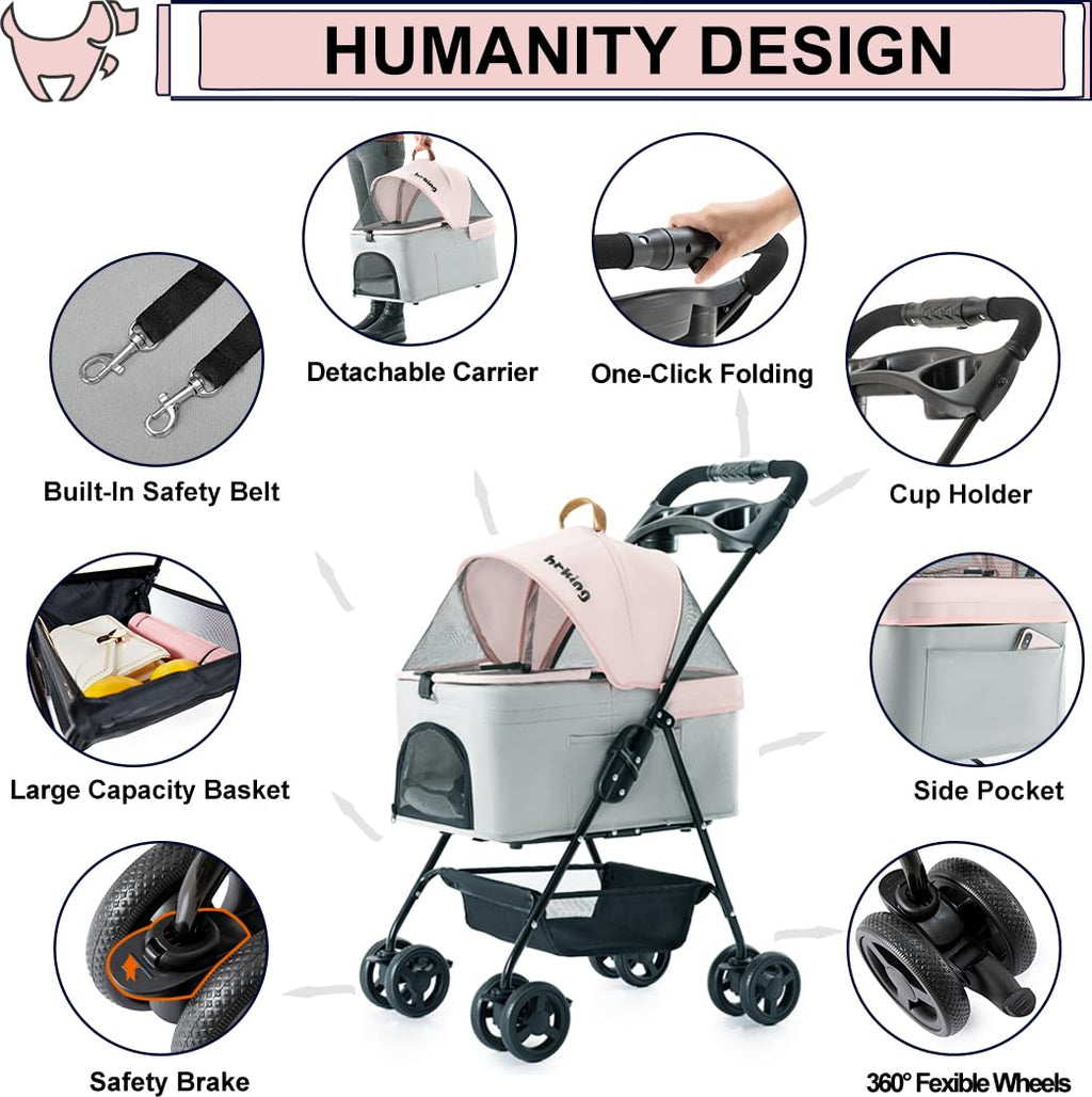 Pink Gray Pet Stroller with Detachable Carrier D697393