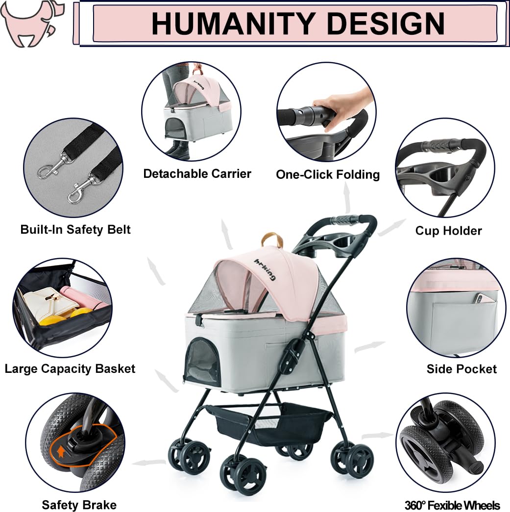 Pink Gray Pet Stroller with Detachable Carrier D697393