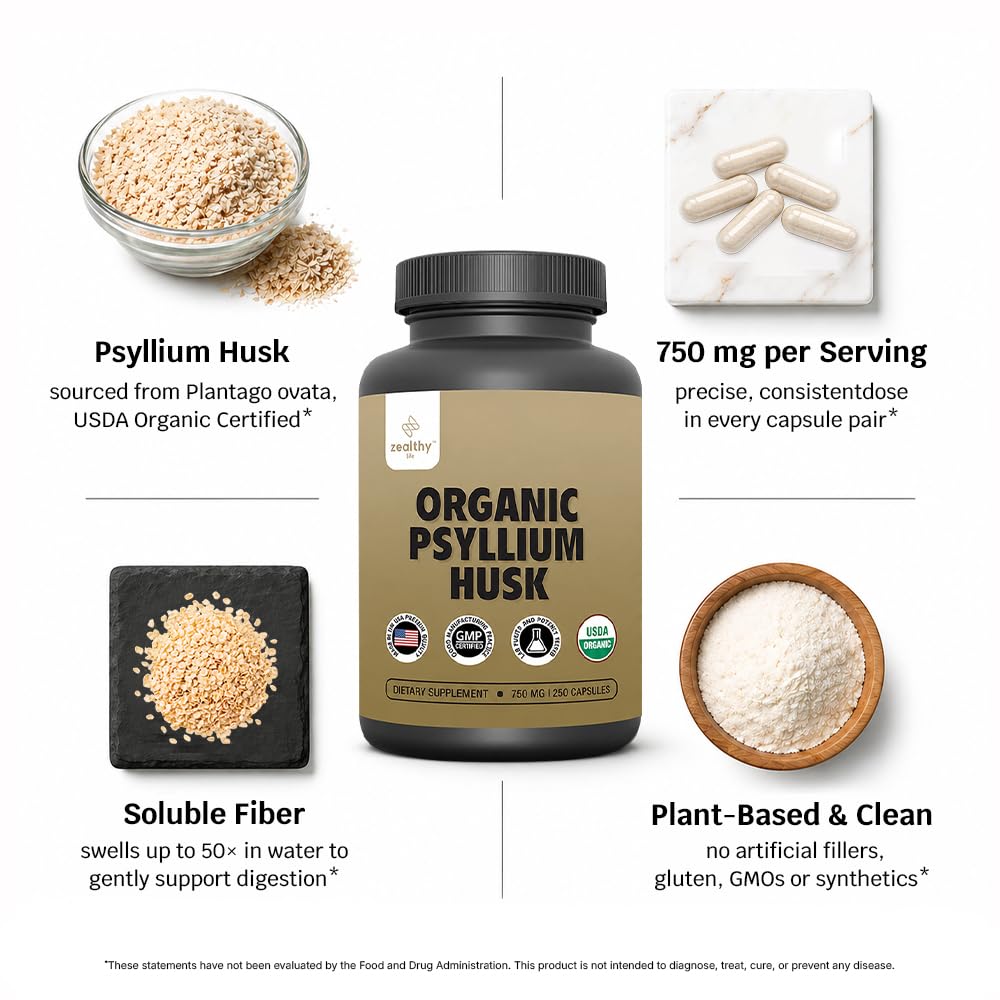 Organic Psyllium Husk Capsules 750 mg Fiber Supplement 250 Capsules Pack of 2 Q12855