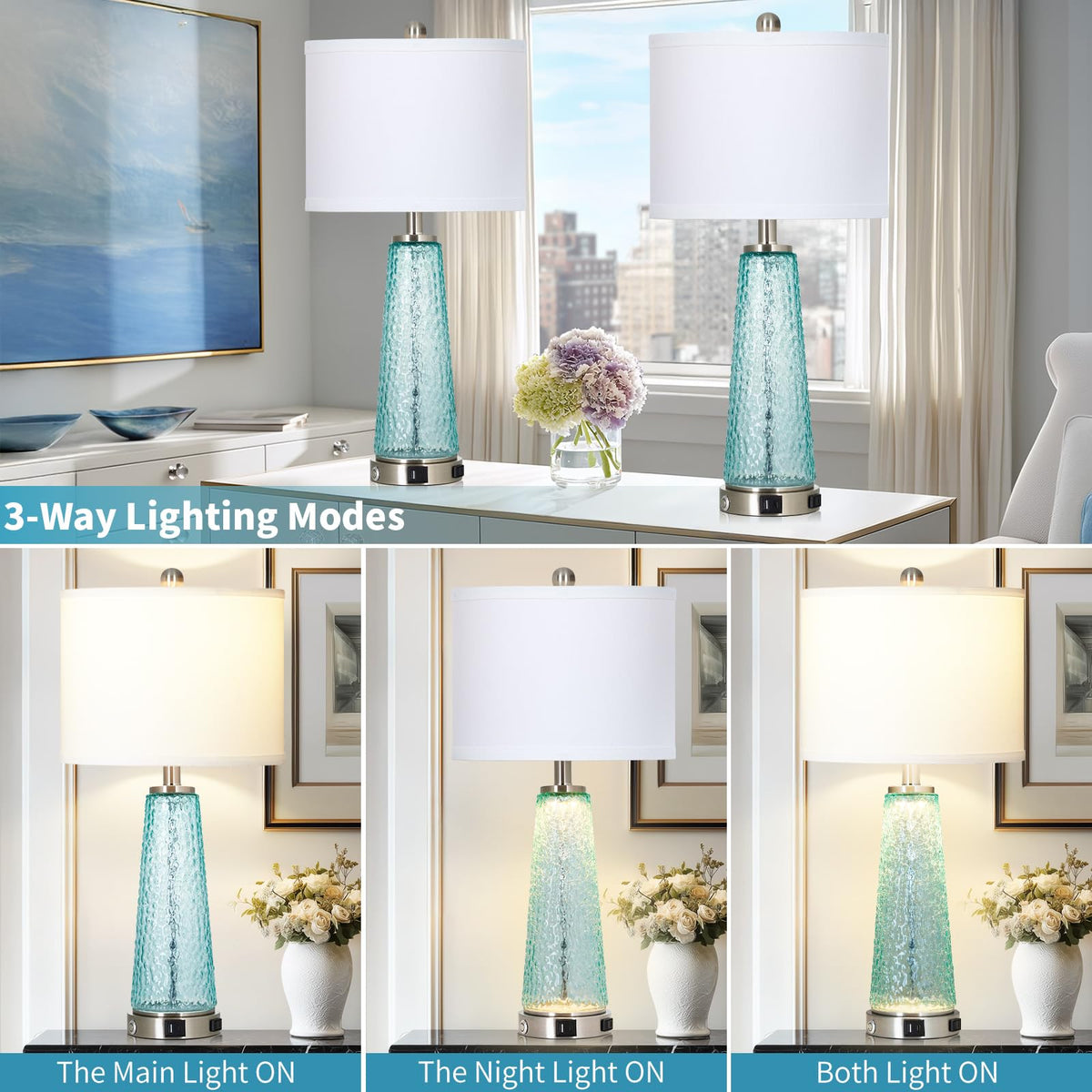 26" Glass Table Lamps with USB A+C Ports & Outlet N17592