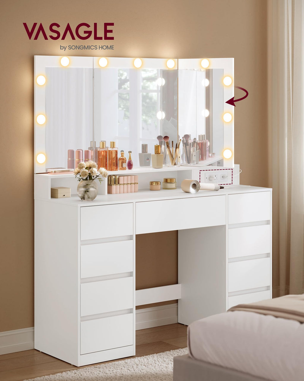 Vanity Desk with LED Lights and Tri-Fold Mirror, 9 Drawers F23590