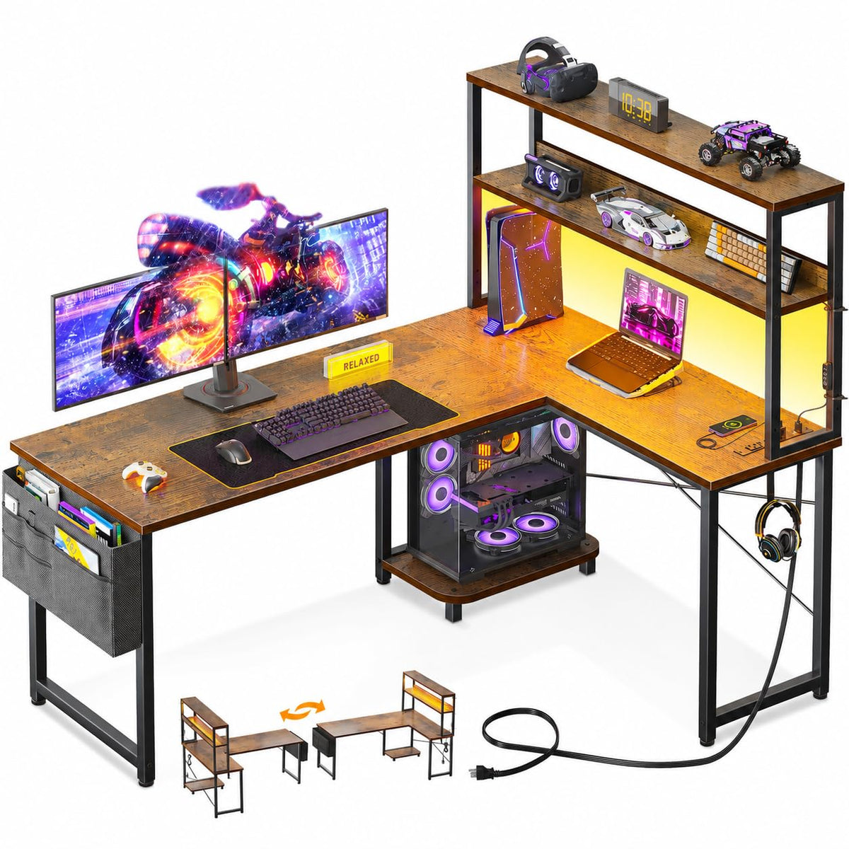 53" L Shaped Gaming Desk with Shelves K31303