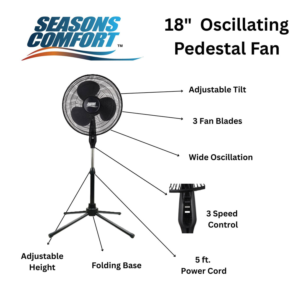 18" Oscillating Pedestal Fan, Adjustable Height, 3 Speed S2734