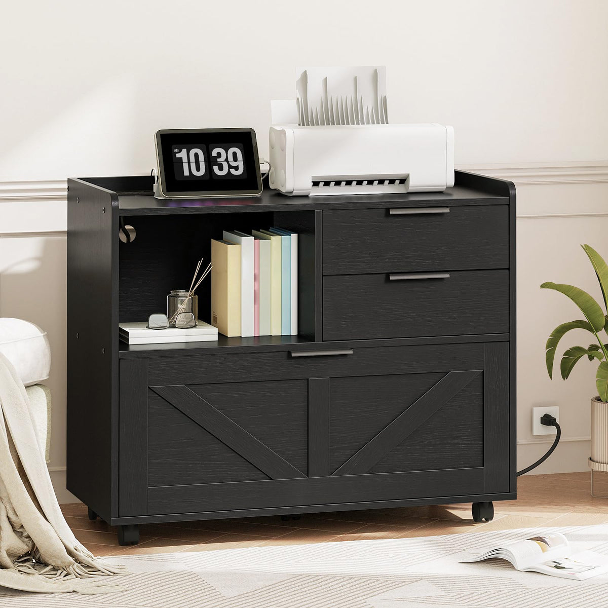 Black Wood Lateral File Cabinet with Charging Station J560073