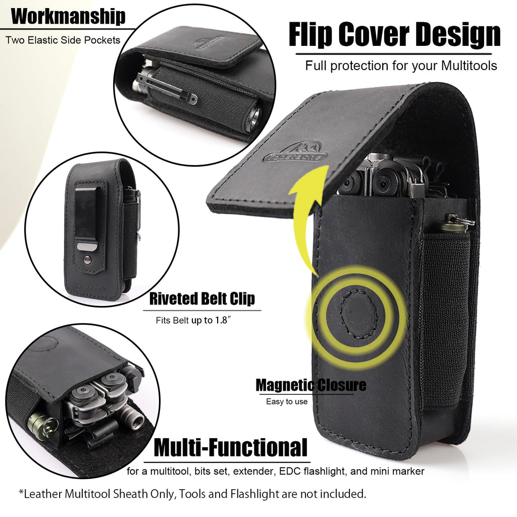 Leather Multitool Sheath with Belt Clip and Magnetic Closure K2340