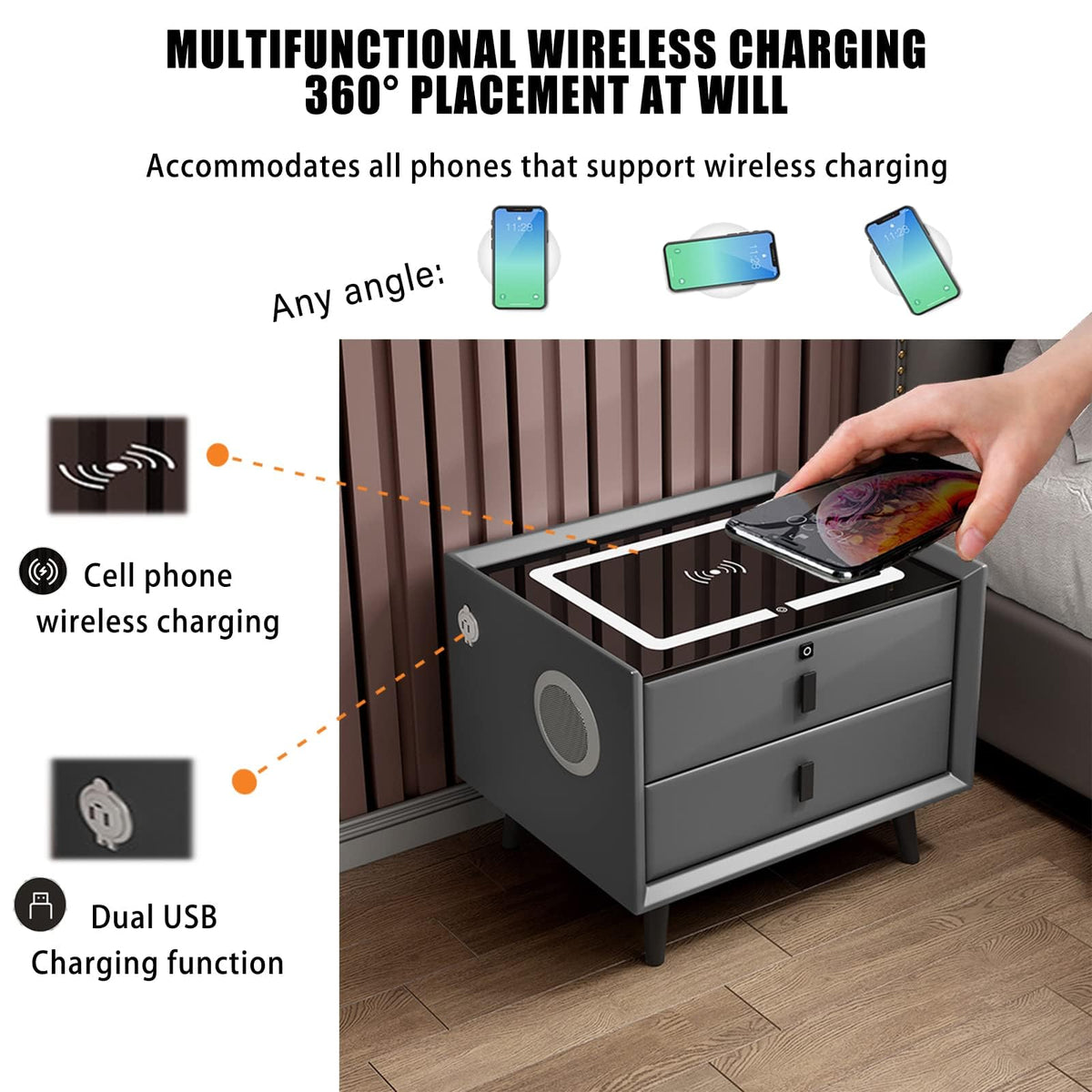 Gray 3 Drawer Smart Bedside Table X2571