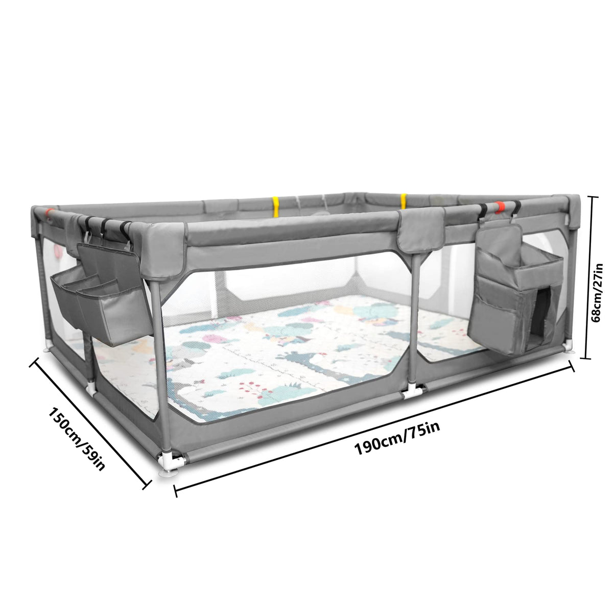 75" x 59" Grey Baby Playpen with Mat R584303