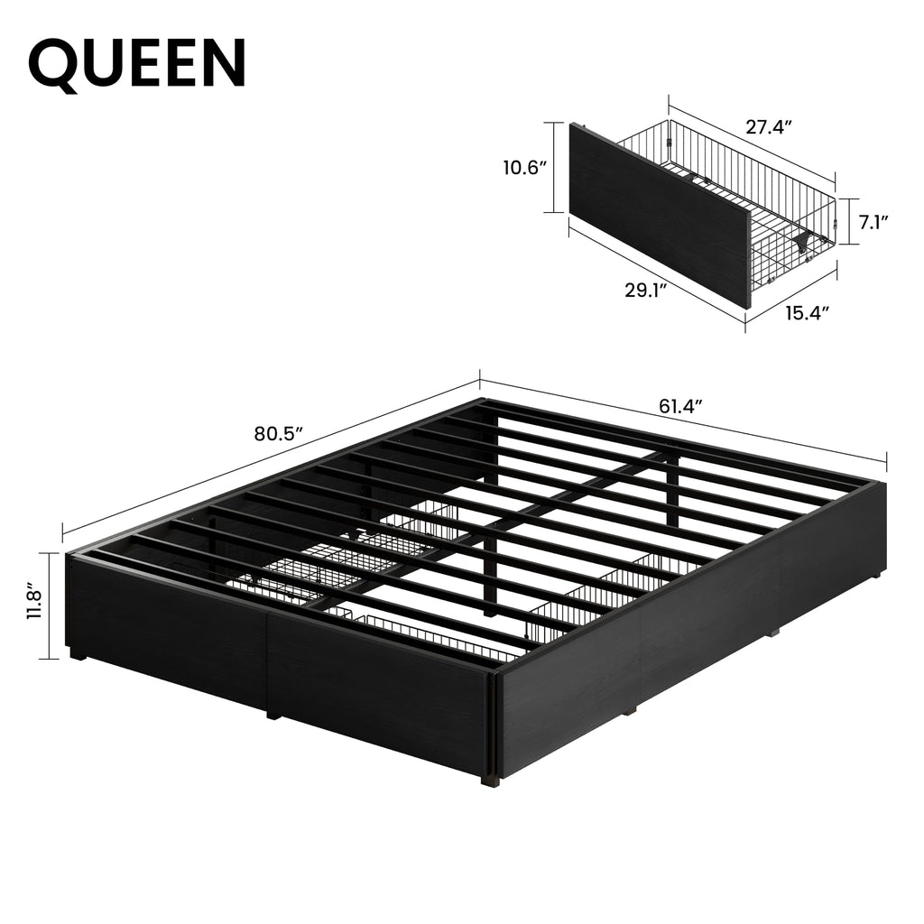 Queen Bed Frame with 4 Storage Drawers, Black Q770