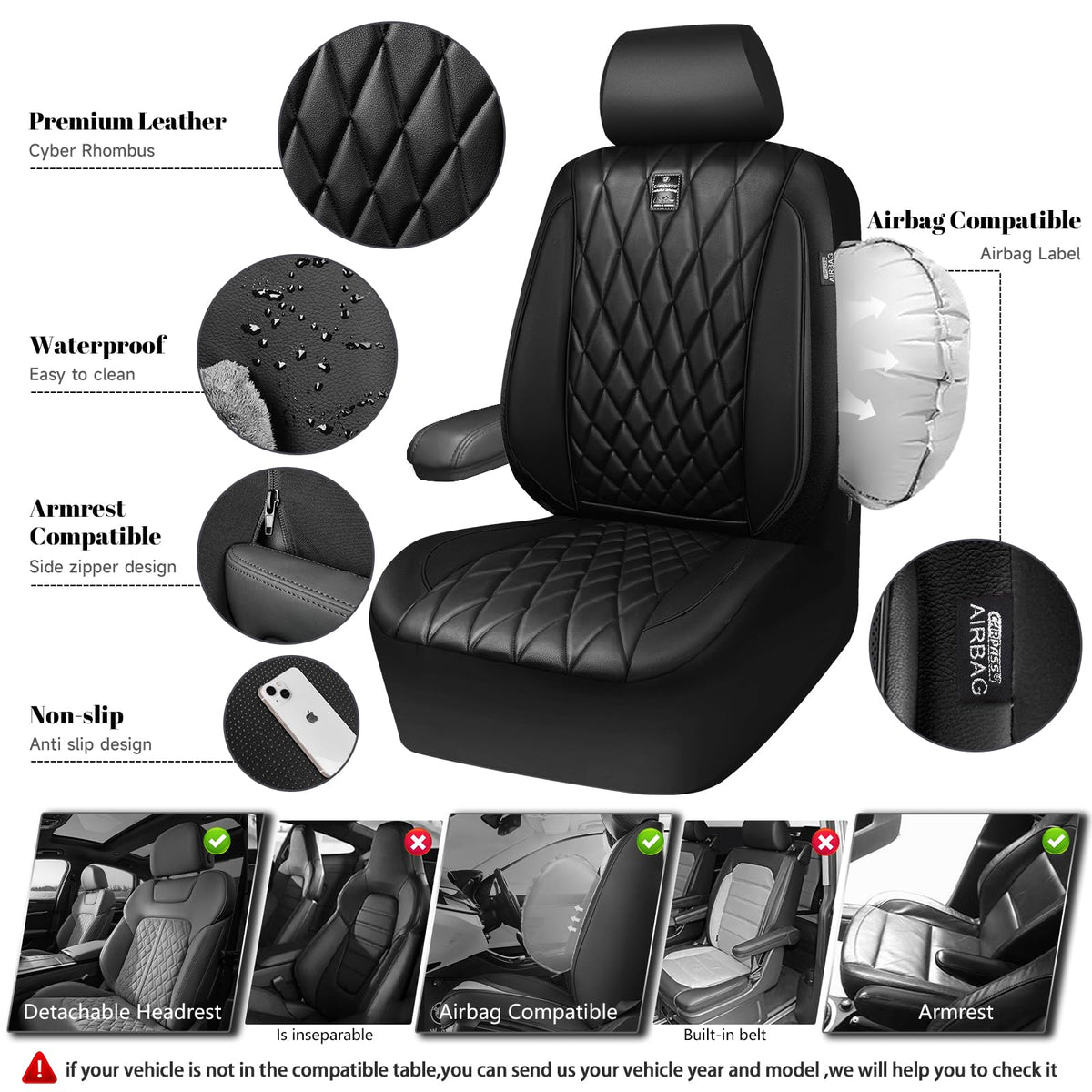 5 Seats Faux Leather Seat Covers Full Set Pure Black L134615
