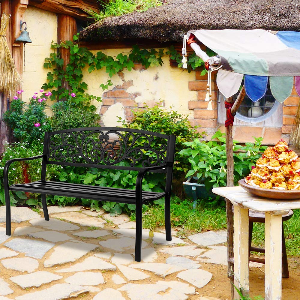 50in Black Metal Outdoor Bench with Armrests U773599