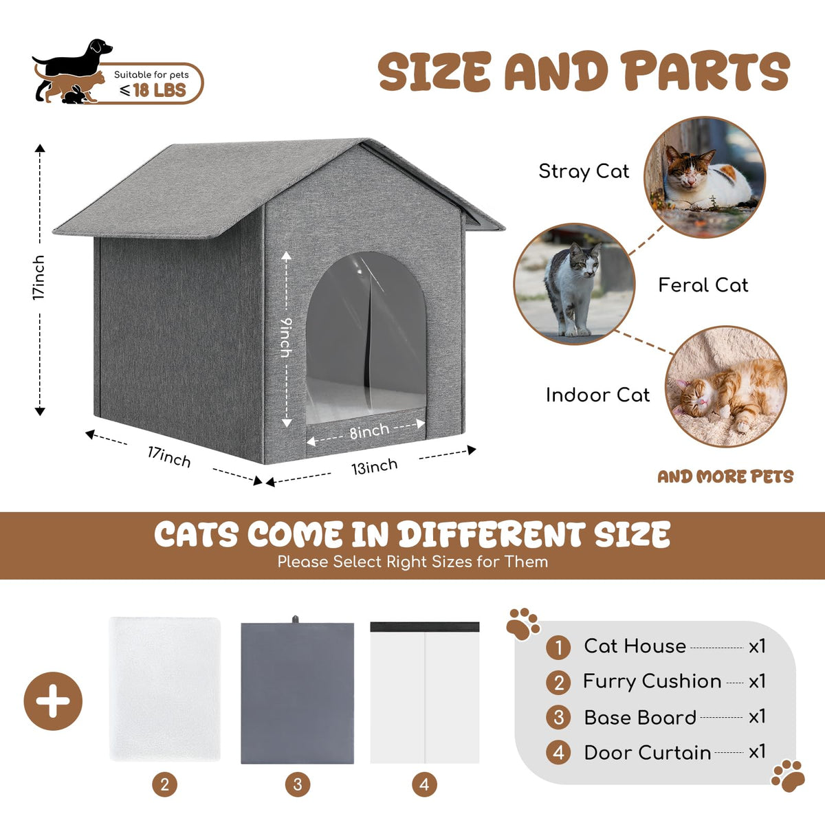 Weatherproof Insulated Outdoor Cat House with Door Curtain and Warm Cushion W79994