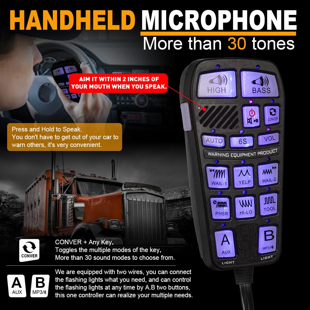 200W Multi-Tones PA Siren Speaker with Handheld Controller & Mic J957116