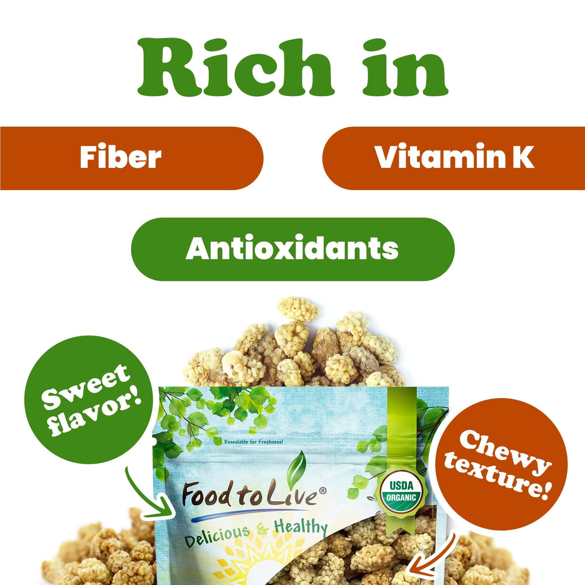 Organic Dried White Mulberries 8 Ounces M32268