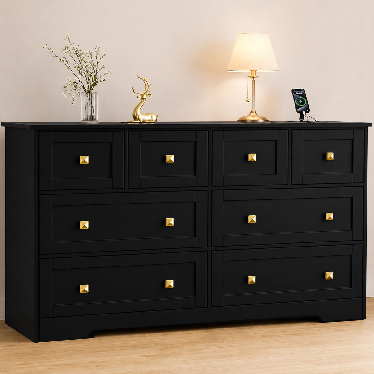 Black 8 Drawer Wood Dresser with Metal Handle G2891