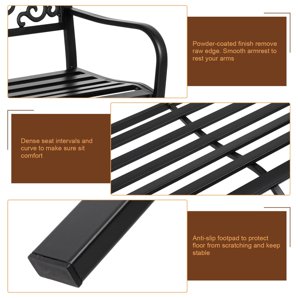 50in Black Metal Outdoor Bench with Armrests U773599