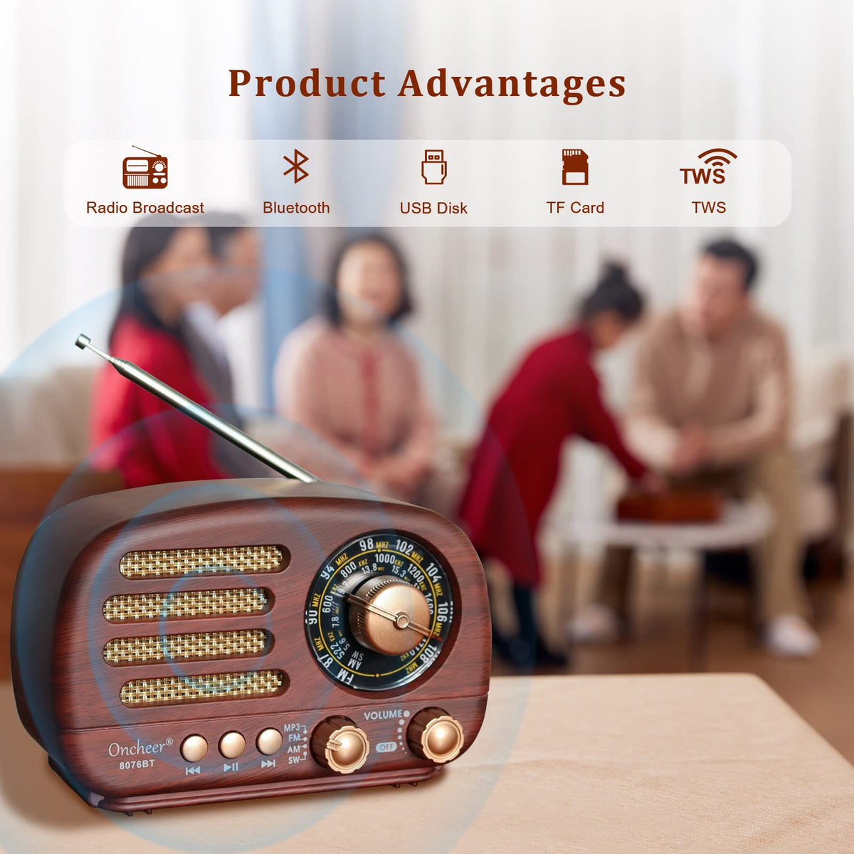 Portable Vintage Retro Bluetooth Speaker Radio with FM/AM/SW Bands W906789