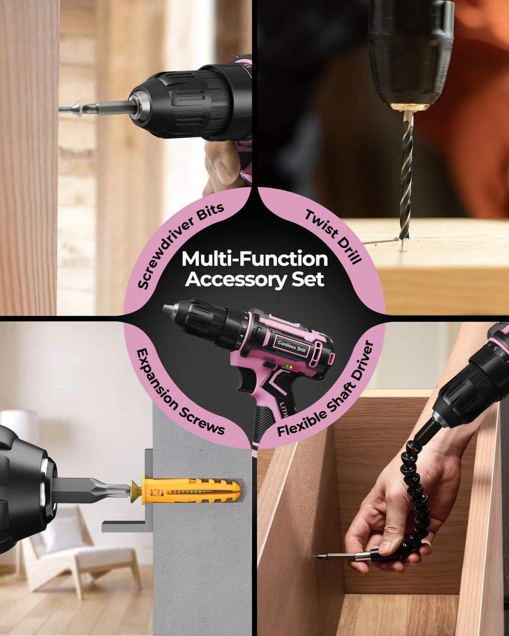 Pink Cordless Drill Set with Battery & Charger K1607