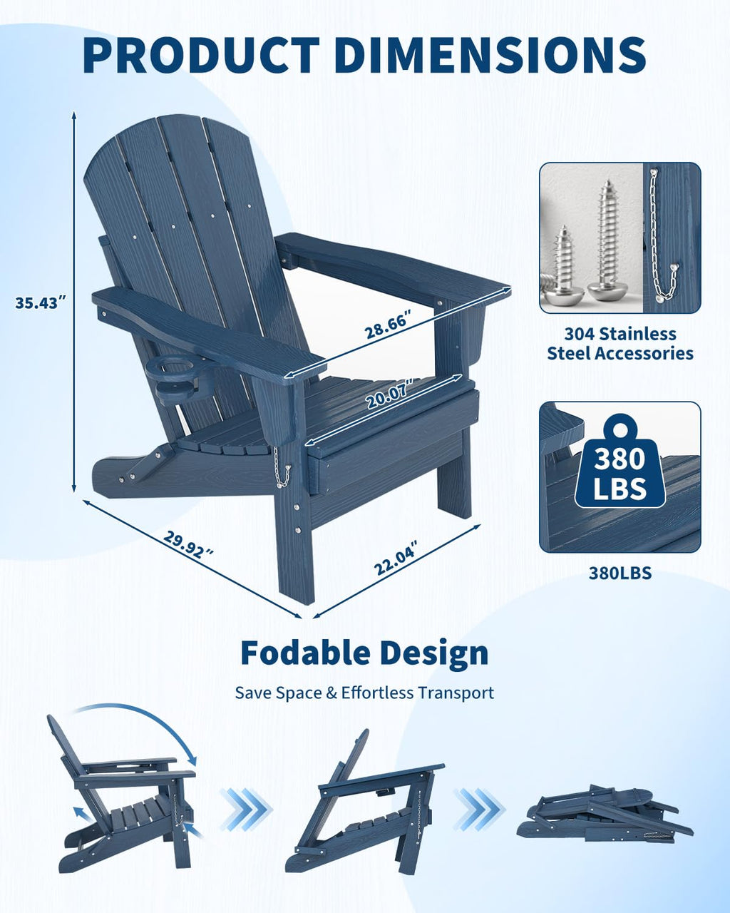 Navy Blue HDPE Folding Adirondack Chair Set of 6 with Cup Holder U1784