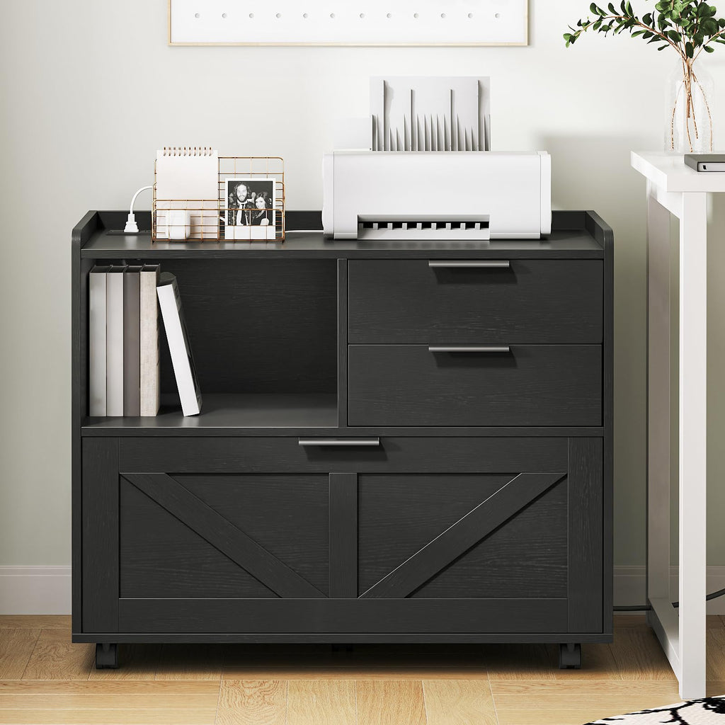 Black Wood Lateral File Cabinet with Charging Station J560073