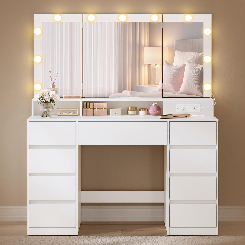 Vanity Desk with LED Lights and Tri-Fold Mirror, 9 Drawers F23590