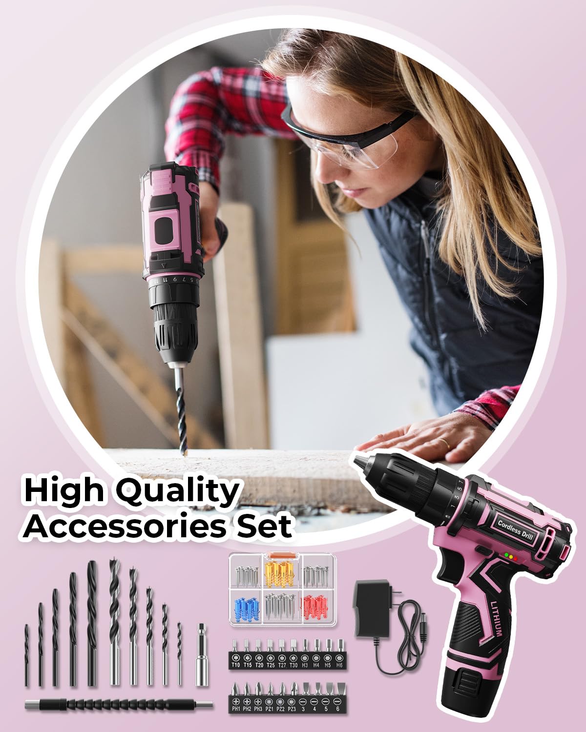 Pink Cordless Drill Set with Battery & Charger K1607