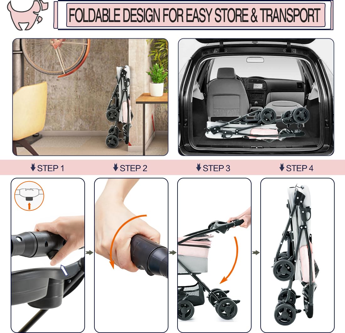 Pink Gray Pet Stroller with Detachable Carrier D697393