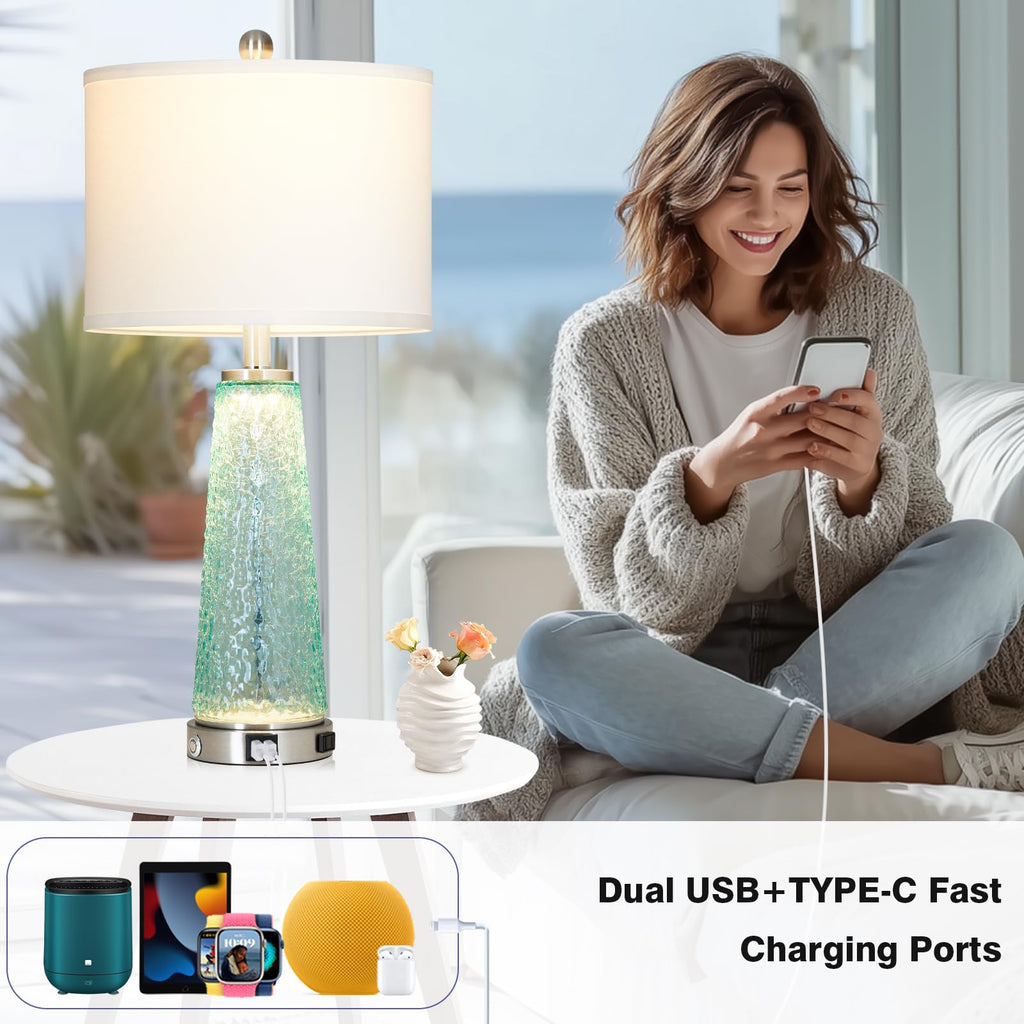 26" Glass Table Lamps with USB A+C Ports & Outlet N17592