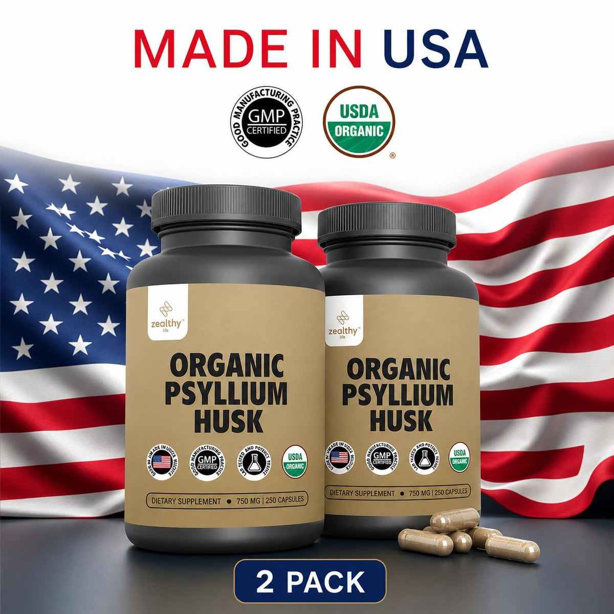 Organic Psyllium Husk Capsules 750 mg Fiber Supplement 250 Capsules Pack of 2 Q12855