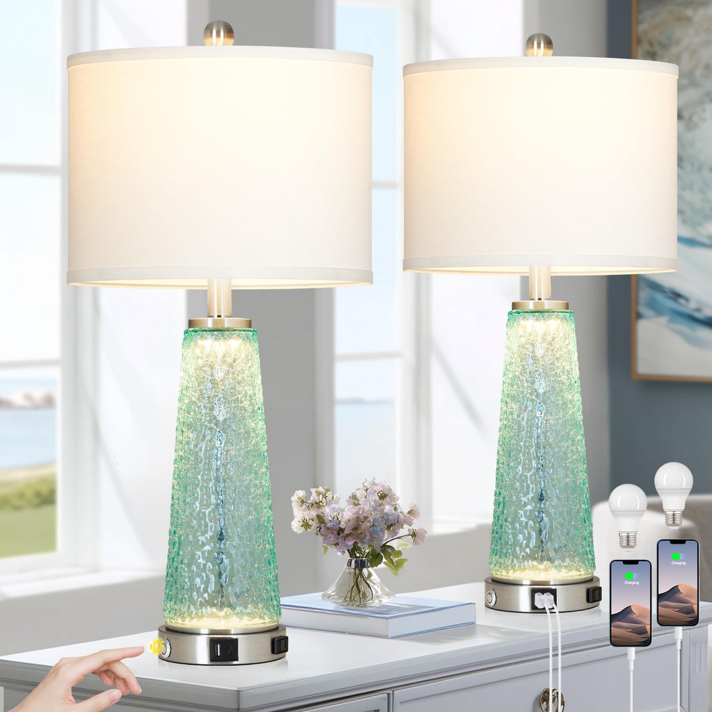 26" Glass Table Lamps with USB A+C Ports & Outlet N17592