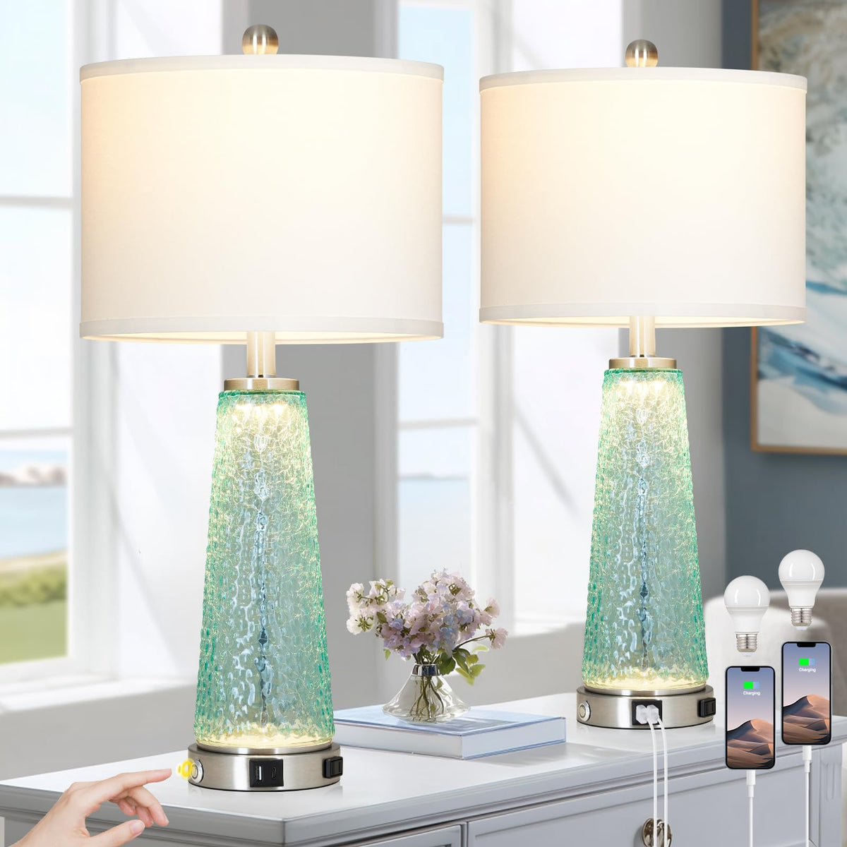 26" Glass Table Lamps with USB A+C Ports & Outlet N17592
