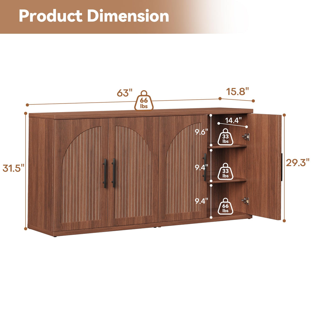 63" Fluted Walnut Credenza with Adjustable Shelf I454