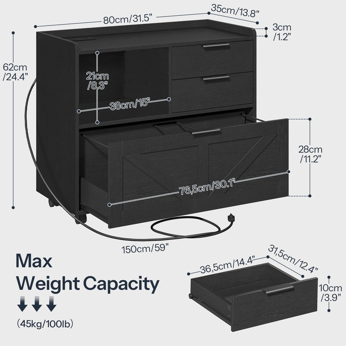 Black Wood Lateral File Cabinet with Charging Station J560073