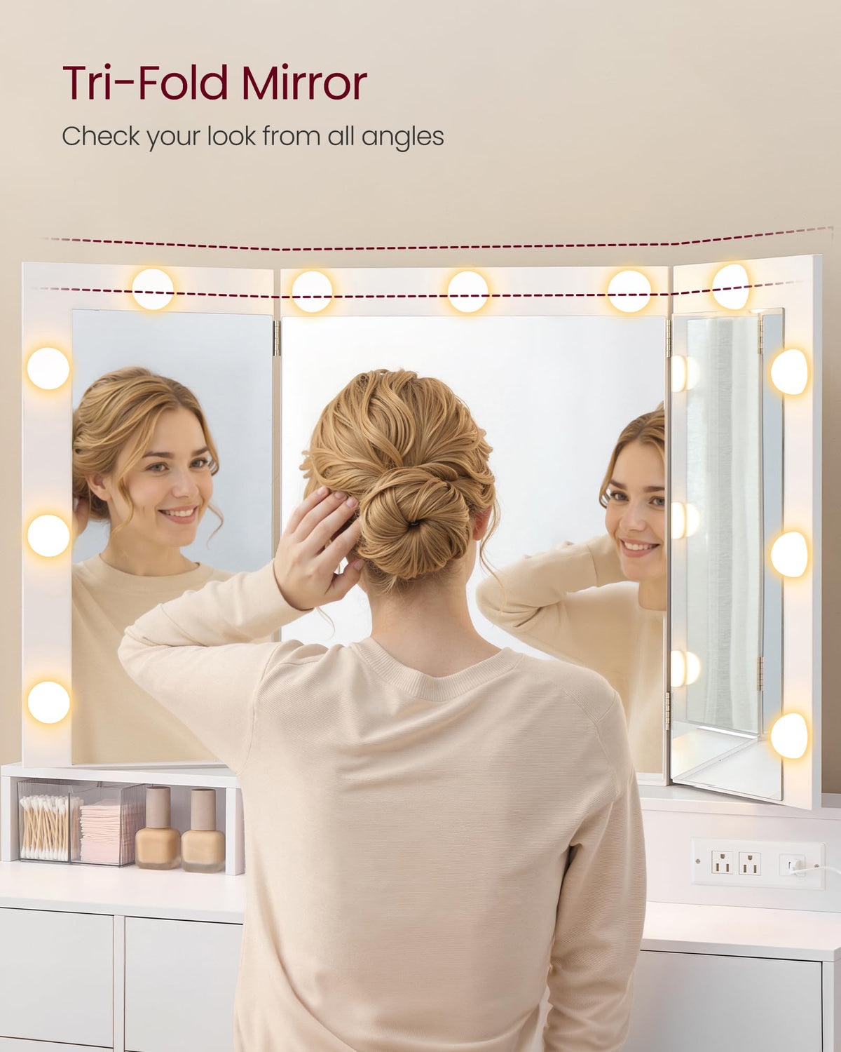Vanity Desk with LED Lights and Tri-Fold Mirror, 9 Drawers F23590