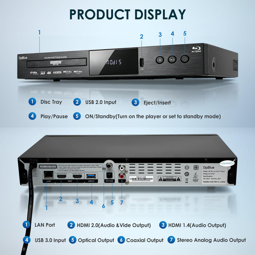 4K UHD Blu Ray DVD Player with Dolby Vision Atmos HDR10 Twin HDMI U5428