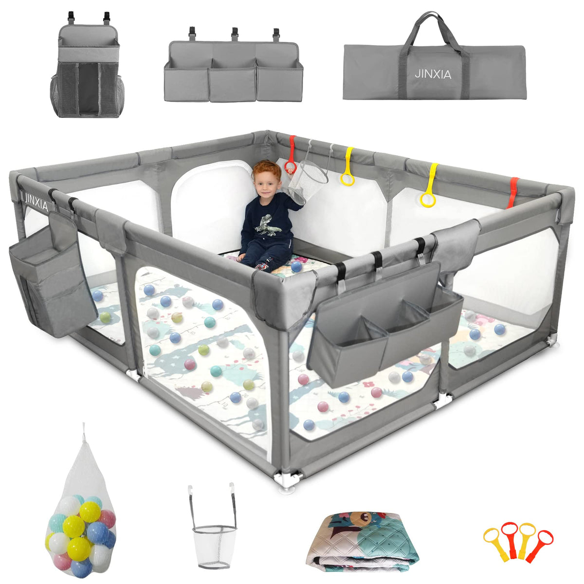 75" x 59" Grey Baby Playpen with Mat R584303