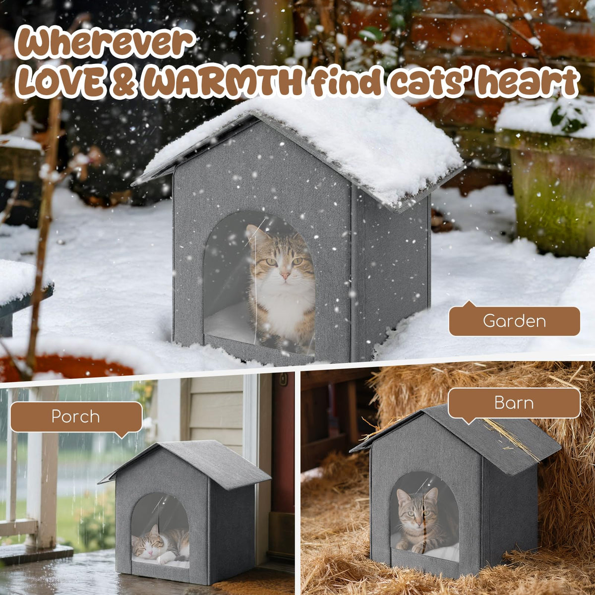 Weatherproof Insulated Outdoor Cat House with Door Curtain and Warm Cushion W79994