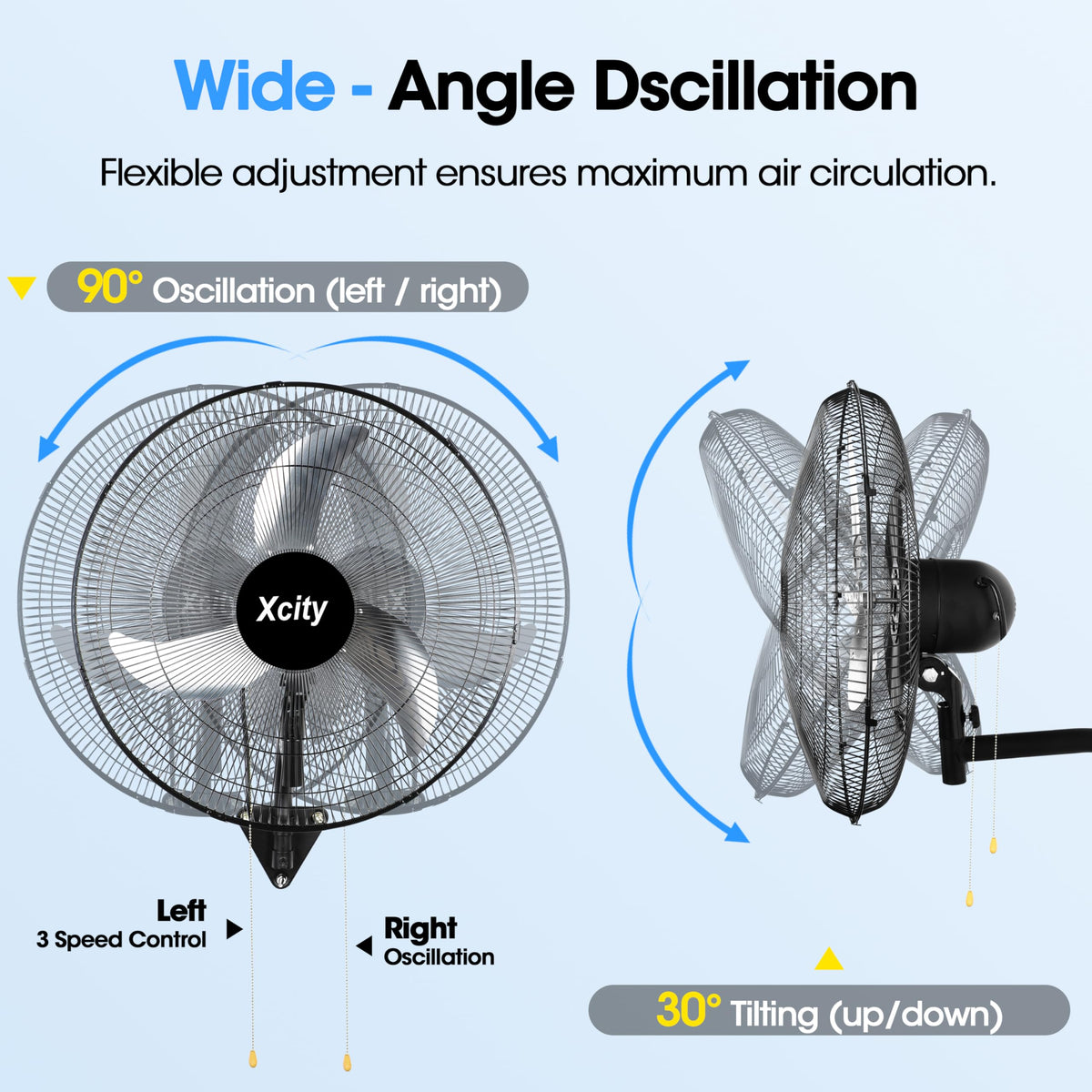 20 inch Industrial Wall Mounted Oscillating Fan, 3-Speed, 5500 CFM, Black Y515141