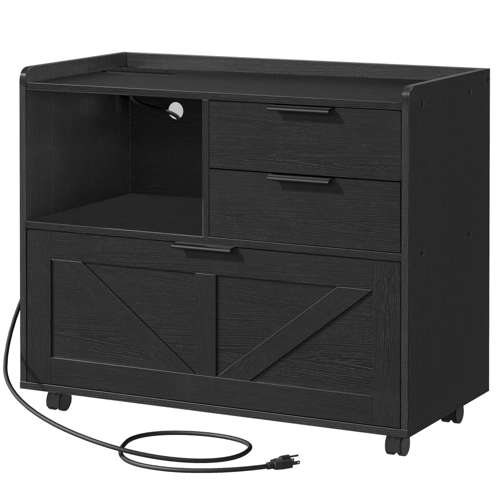 Black Wood Lateral File Cabinet with Charging Station J560073