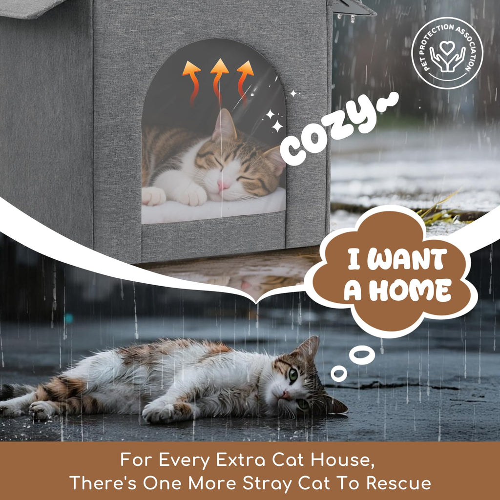 Weatherproof Insulated Outdoor Cat House with Door Curtain and Warm Cushion W79994