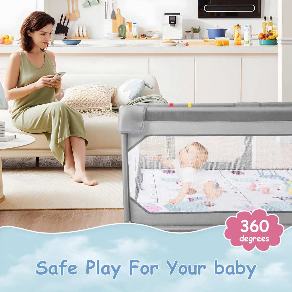 75" x 59" Grey Baby Playpen with Mat R584303