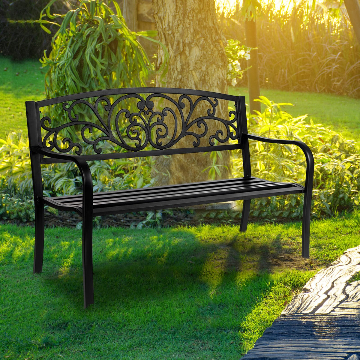 50in Black Metal Outdoor Bench with Armrests U773599