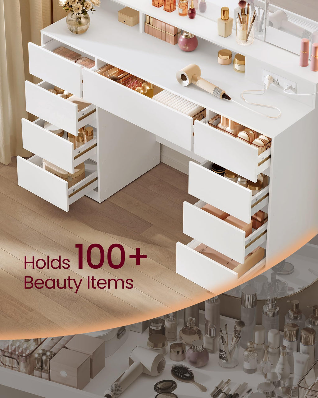 Vanity Desk with LED Lights and Tri-Fold Mirror, 9 Drawers F23590