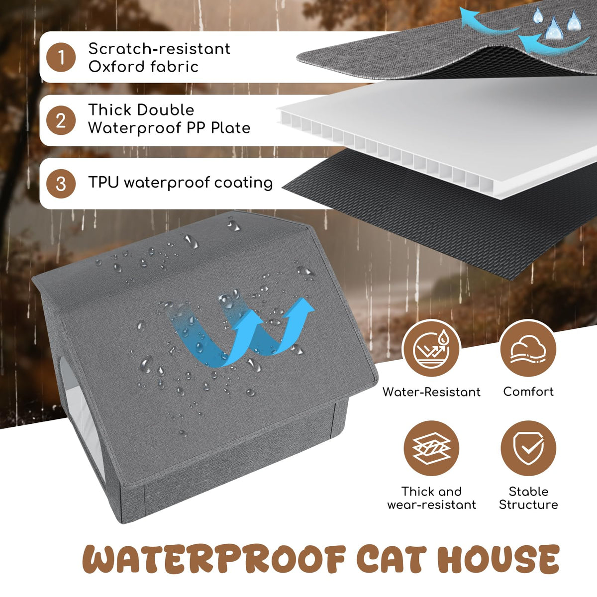Weatherproof Insulated Outdoor Cat House with Door Curtain and Warm Cushion W79994